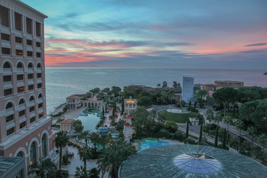 Sunset from our hotel, with a view of the expansive indoor-outdoor pool ... oh, and the Mediterranean Sea