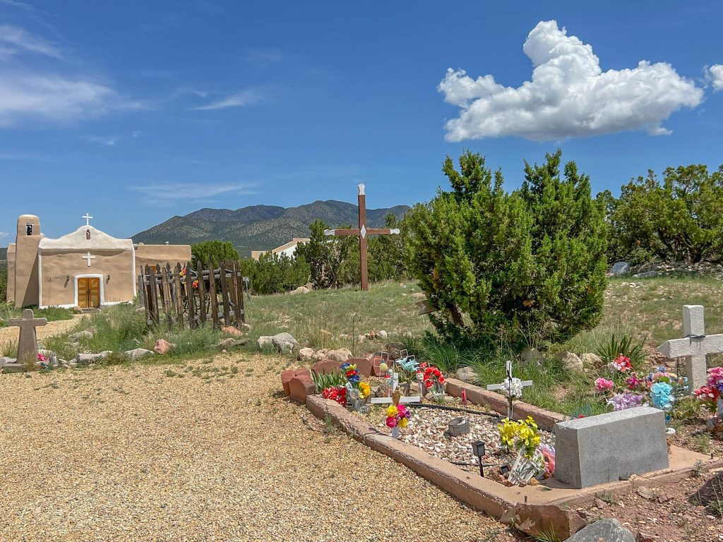 San Francisco de Asis Catholic Church and cemetery in Golden, New Mexico