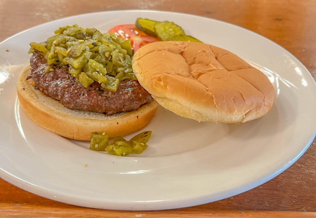 A tasty green chile hamburger at the Tinnie Silver Dollar restaurant