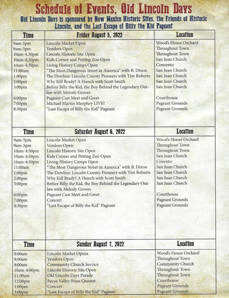 Schedule of Events for Old Lincoln Days 2022
