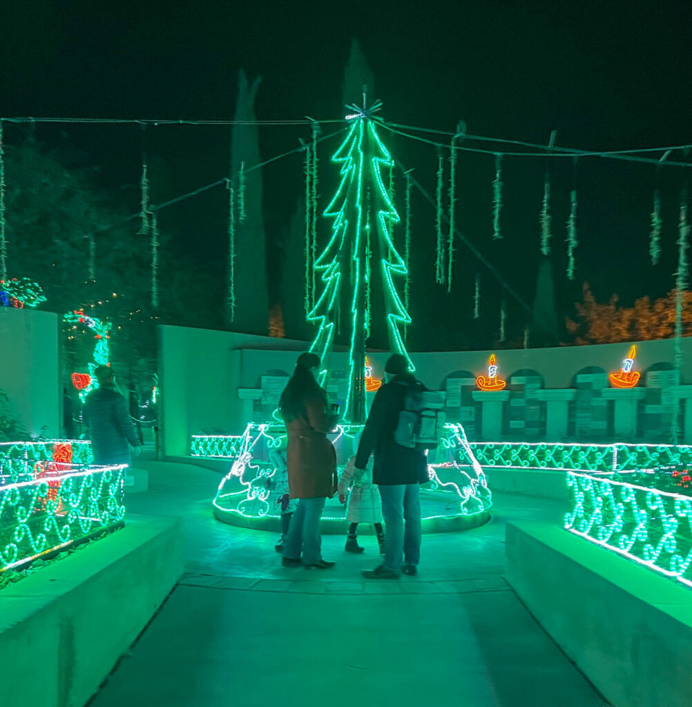 Christmas tree in the Spanish-Moorish Garden at the River of Lights at the ABQ BioPark Botanic Garden