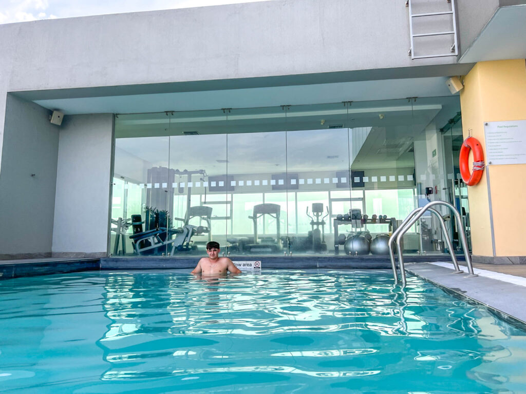 Enjoying the warm pool, rather than the cold "hot tub"