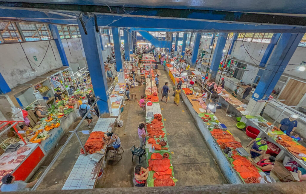 Overhead view of one building that houses lots of meat stalls