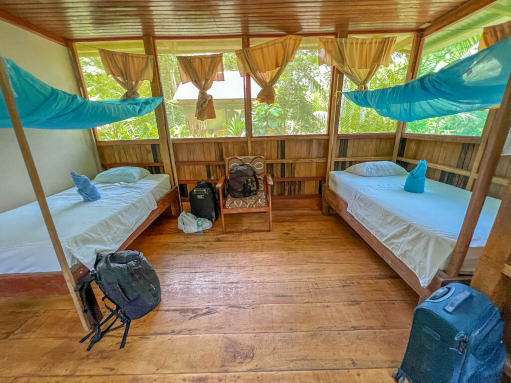 Two beds and the all-important mosquito nets to keep critters away from us at night