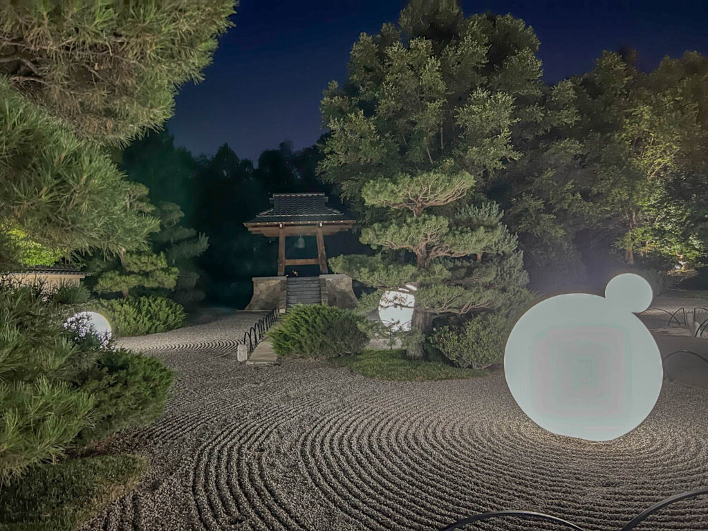 Japanese garden lights up at night