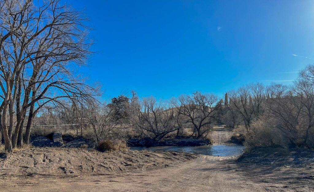 Two options for crossing the river.  Option 1 is to drive through it.