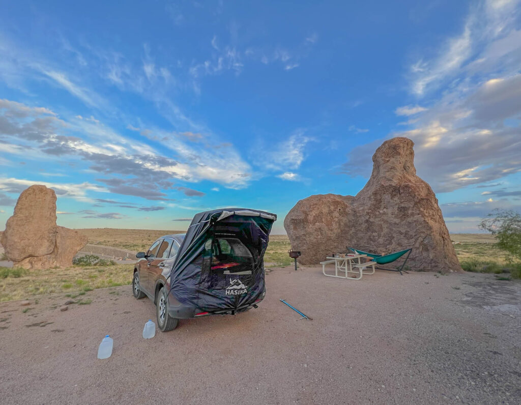 Another view of our campsite.  I slept in the car on a platform (yes, I'm spoiled), while my son opted for the open air experience in his hammock.