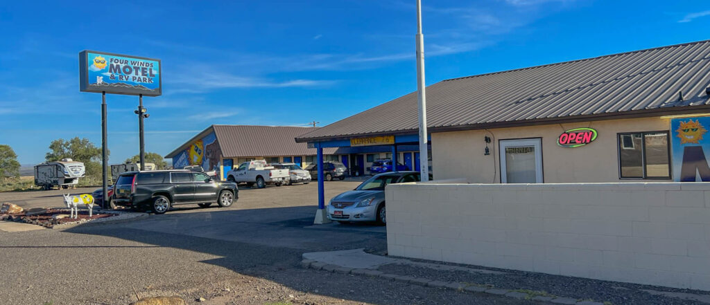 The Painted Burro in front of the Four Winds Motel & RV Park