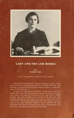 Back cover of Louise Coe's book, "Lady and the Law Books"