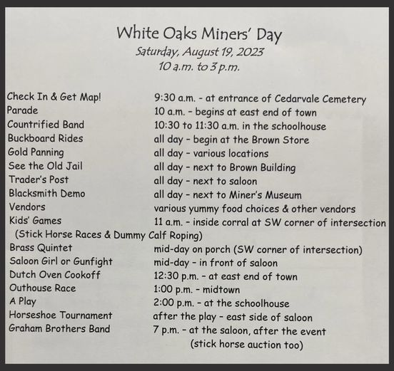 White Oaks Miners' Day Schedule of Events for 2023