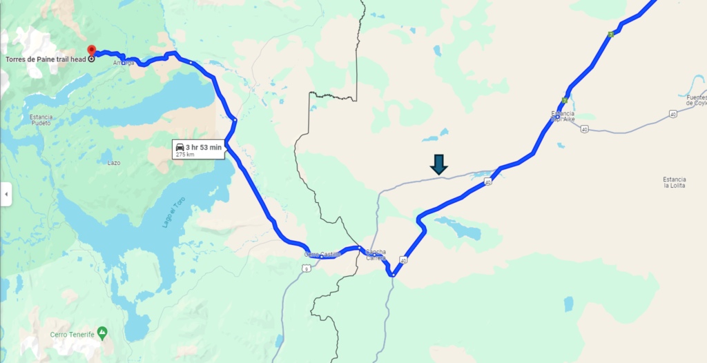 The arrow shows the rocky, dirt road that can shave off about 30 - 40 minutes from your trip, but adds the risk of a flat tire or other issues caused by the rocky, dirt road.