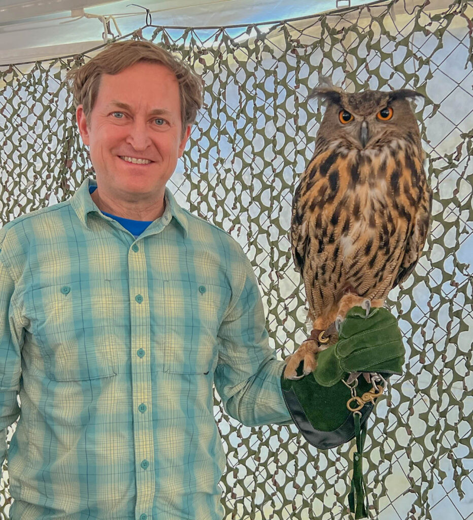 Mark with Eurasian Eagle Owl at the Birdiest Festival in Corpus Christi, Texas, April 29, 2023