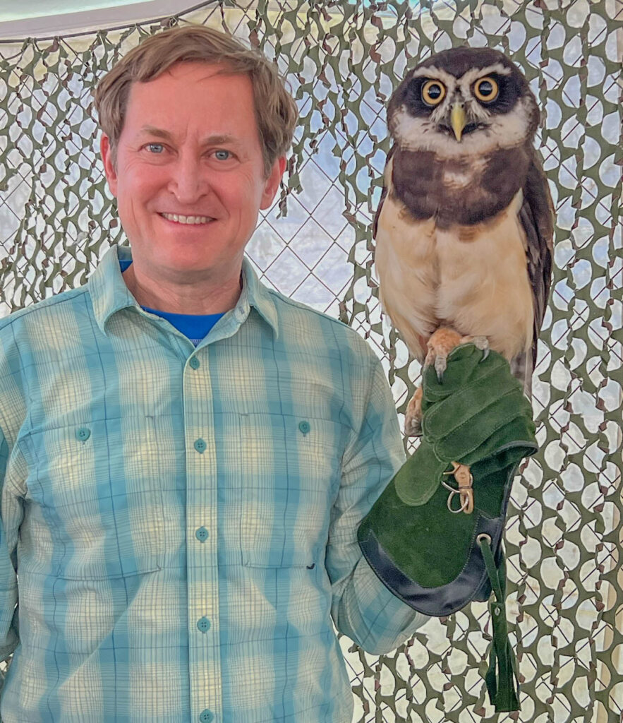 Mark with Spectacled Owl at the Birdiest Festival in Corpus Christi, Texas, April 29, 2023