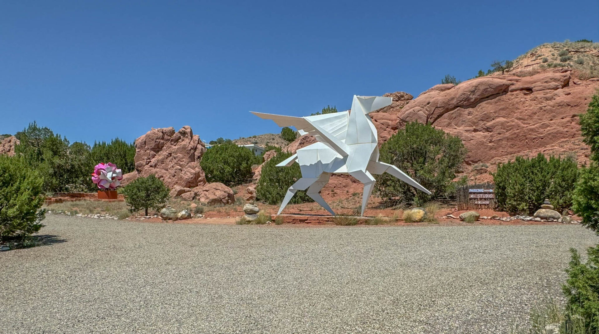 A large Pegasus sculpture called "Hero's Horse" by the Kevin Box Studio