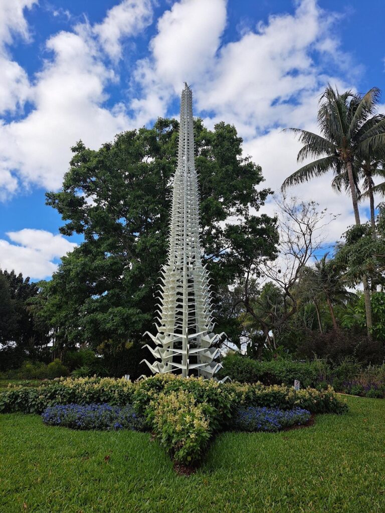 Master Peace at the Mounts Botanical Garden in West Palm Beach, Florida with white salvia flowers that "reflect" the 500 cranes of the sculpture.  Photo provided by the Kevin Box Studio.