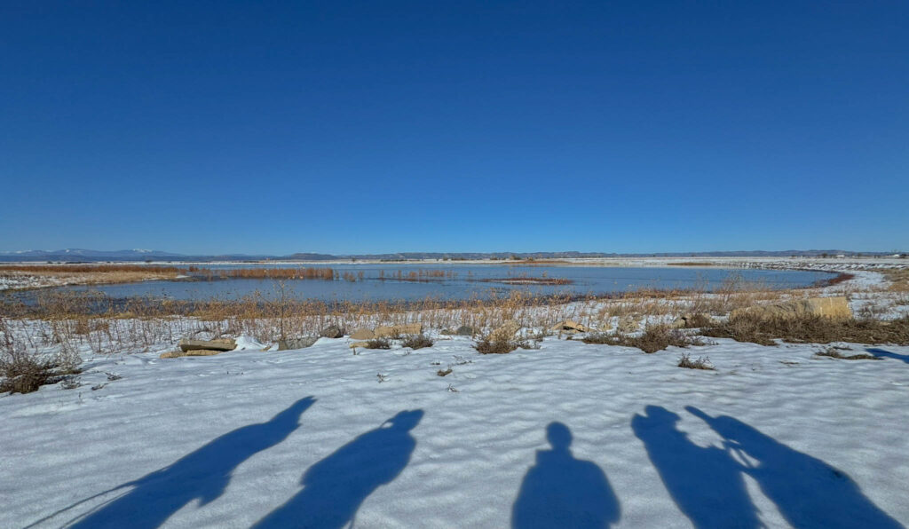 The silhouette of cold birders, scanning the water for birds.