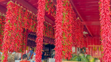 Ristras hanging from a store in Hatch, New Mexico