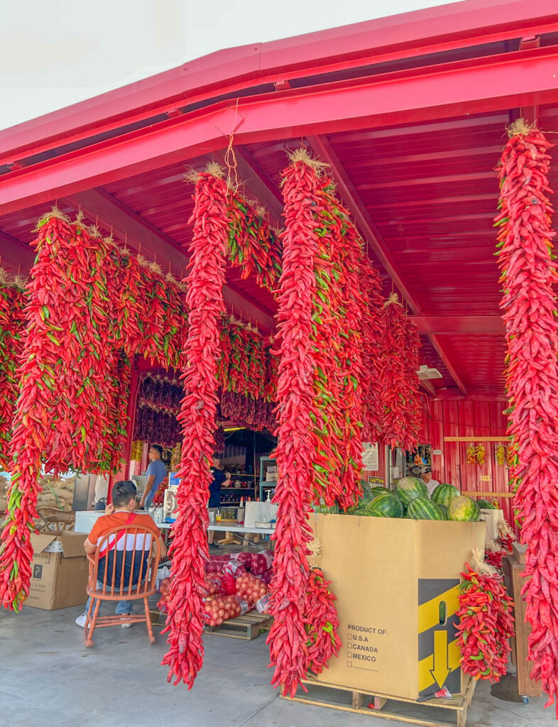 Ristras hanging from a store in Hatch, New Mexico