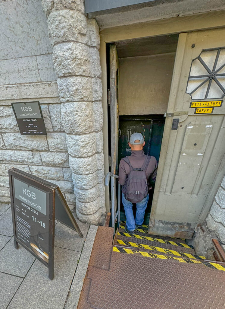 Entering the basement of building that house the KGB Prison Cells in Tallinn, Estonia.