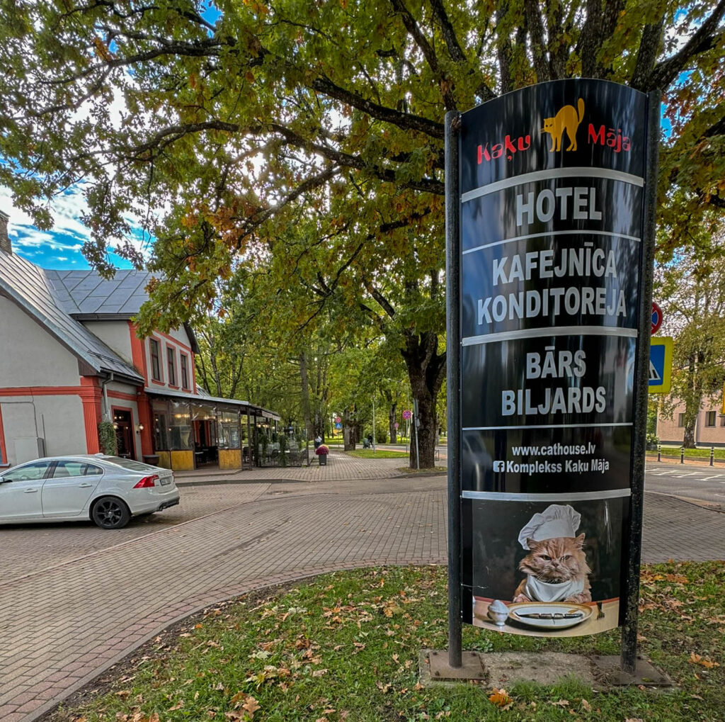 There's a place called Kaķu Māja (translated as "Cat House") in the heart of Sigulda, Latvia that offers a combination of dining and accommodations. We didn't eat here, but we were amused by the concept and display.