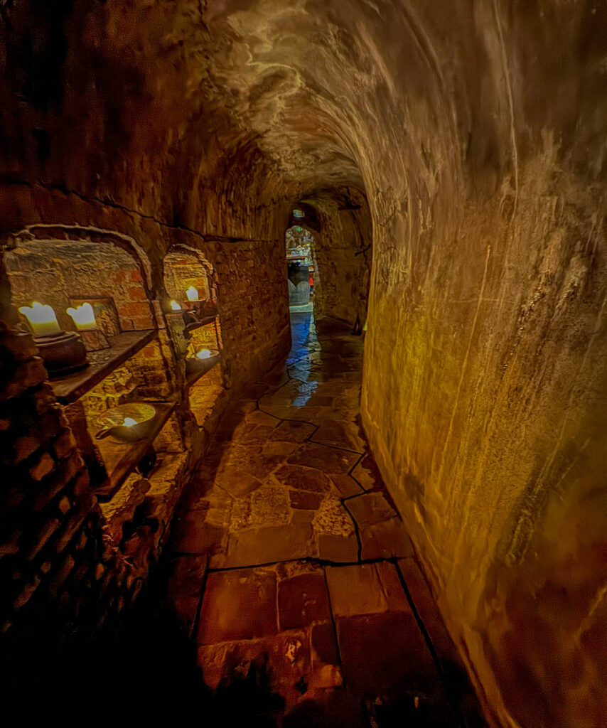 The walkway from the restaurant to the bar at Rozengrāls restaurant in Old Riga.