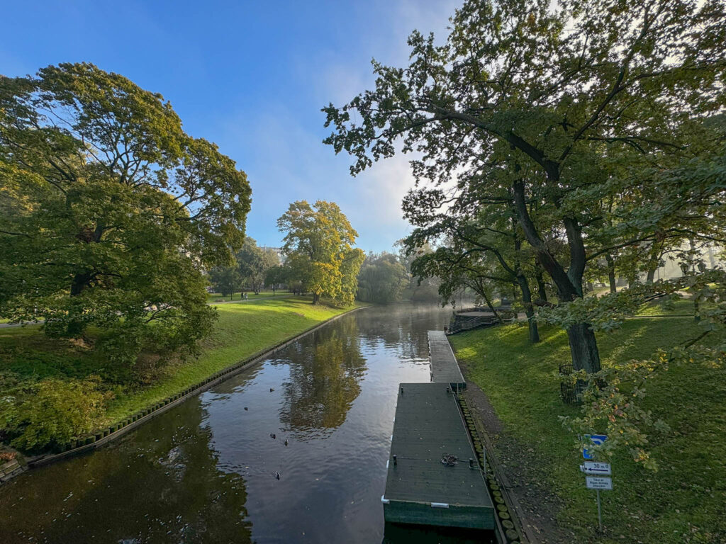 Bastejkalna Park (Bastion Hill Park) in Riga, Latvia. The park is part of Riga's city canal system, which was originally a defensive moat surrounding the medieval city.