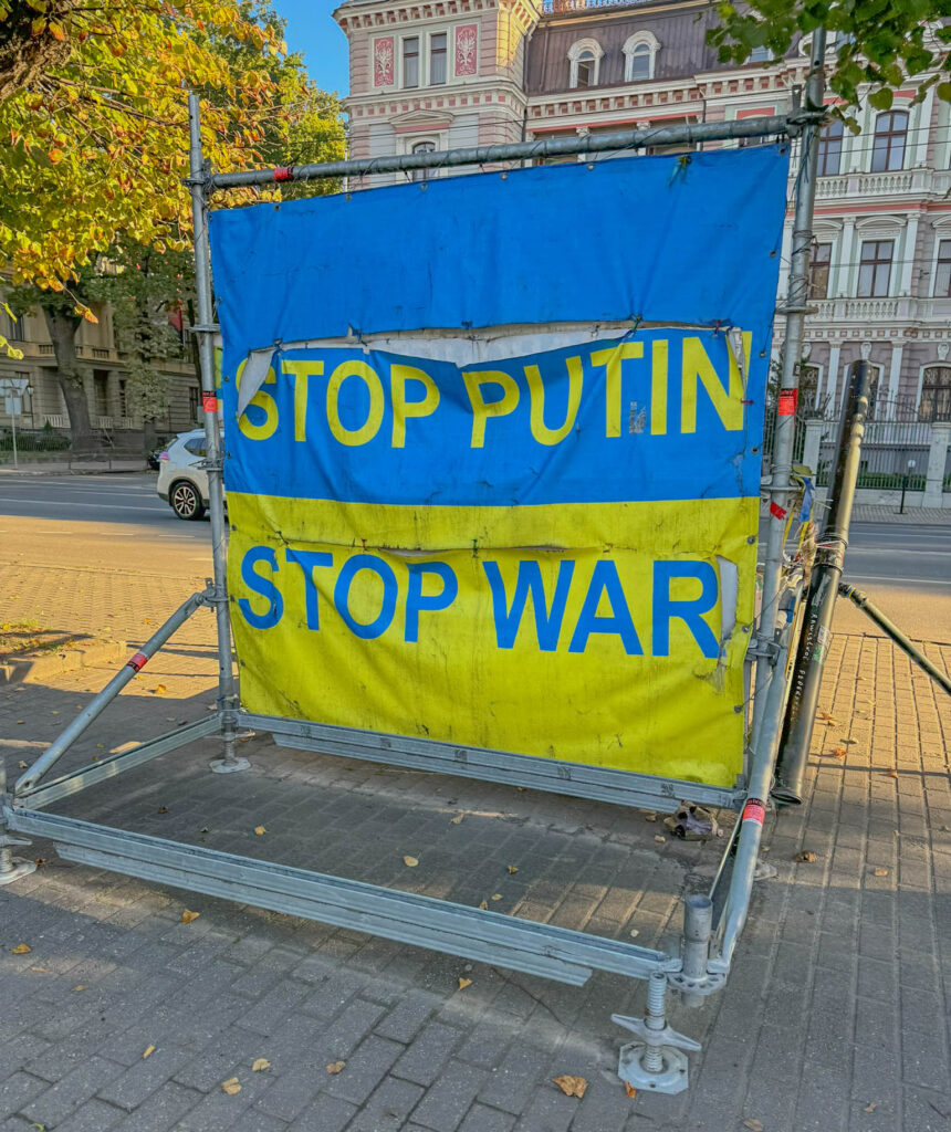 There were various reminders scattered across the city of the ongoing conflict between Russia and Ukraine.