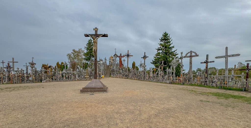 Here's a slightly wider view of the entrance to the Hill of Crosses.