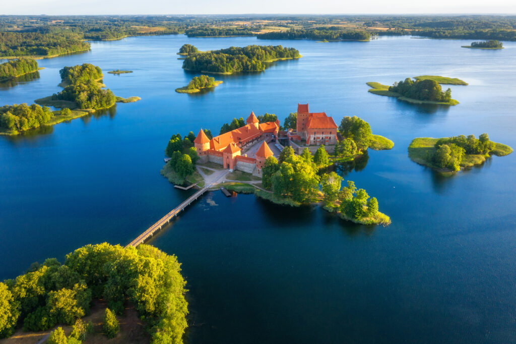 Aerial view of Trakai castle in Lithuania. Trakai castle is located about 17 miles (28 kilometers) from Vilnius (dzmitrock87 - stock.adobe.com)