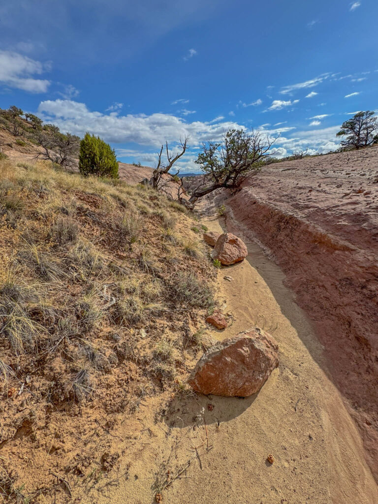 One of the small arroyos you’ll cross along the Church Rock Trail—dry most of the year, but a reminder that water still has a say in shaping this landscape.