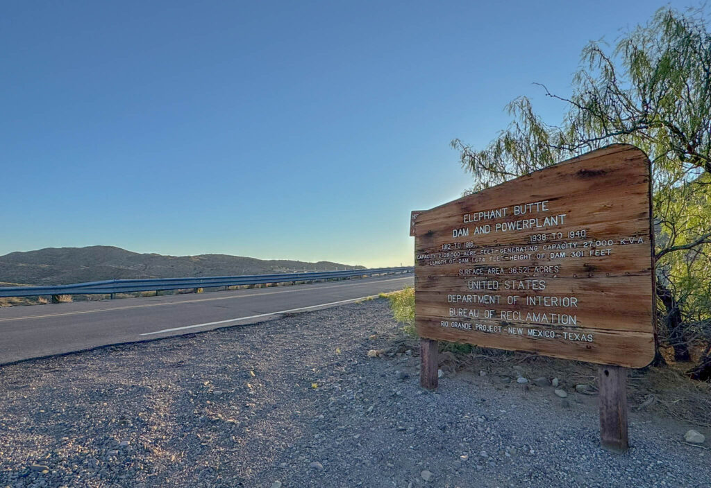 Sign of the timesāliterally. This roadside marker lays out the impressive stats behind Elephant Butte Dam and Powerplant, a century-old project that turned this stretch of desert into New Mexicoās largest lake.