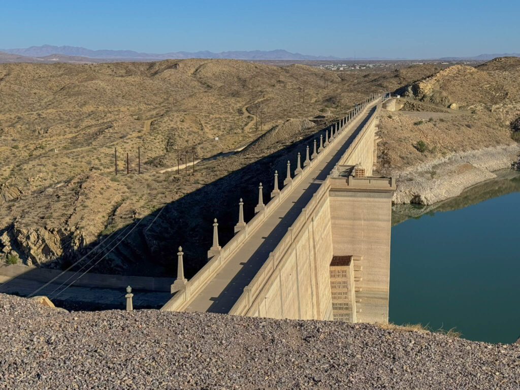 A closer look at the top of Elephant Butte Dam. You canāt drive across it anymore, but you can still take in the scaleāand the symmetry.