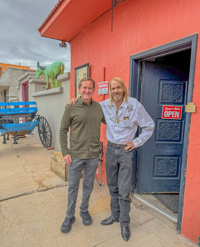 Me with James Lane outside the museum, with the Incredible Hulk burro keeping an eye on things in the background.