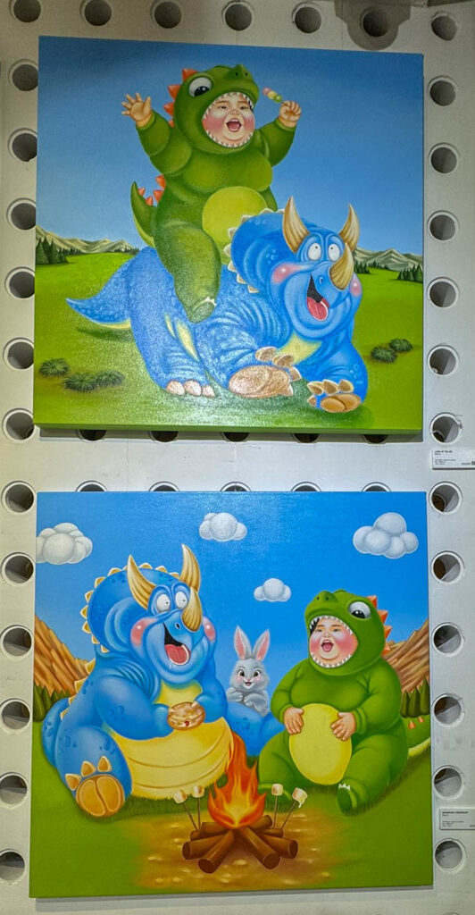 A few pieces from a dinosaur-themed art exhibit that would have made a good gift for my brother.