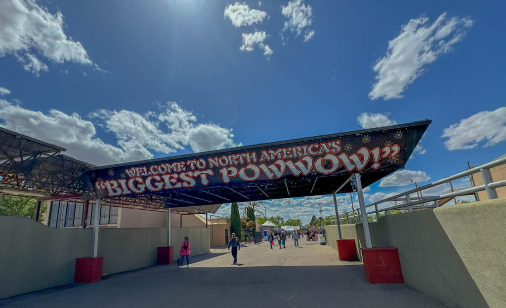 The entrance to Gathering of Nations at Expo New Mexico. For more than four decades, people from hundreds of tribes gathered here each spring in Albuquerque.