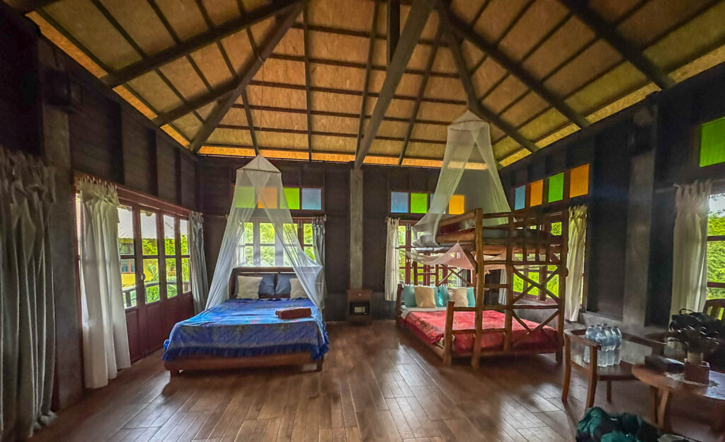 Our "family jungalow" at Monkey Mansion. Rustic, spacious, and equipped with mosquito nets, a hot shower, and no air conditioning, which is part of the fun.