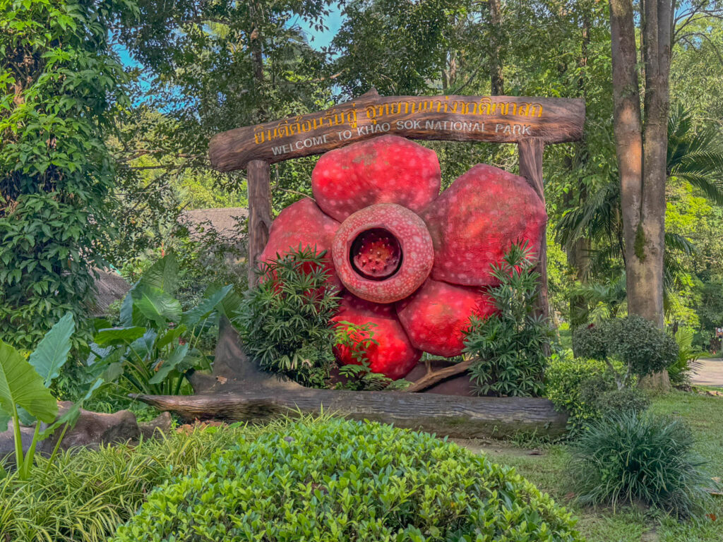 The Khao Sok National Park welcome sign features a giant Rafflesia, a parasitic flower famous for producing the world's largest individual bloom and smelling like rotting meat. Any national park that greets visitors with one of those already has my attention.