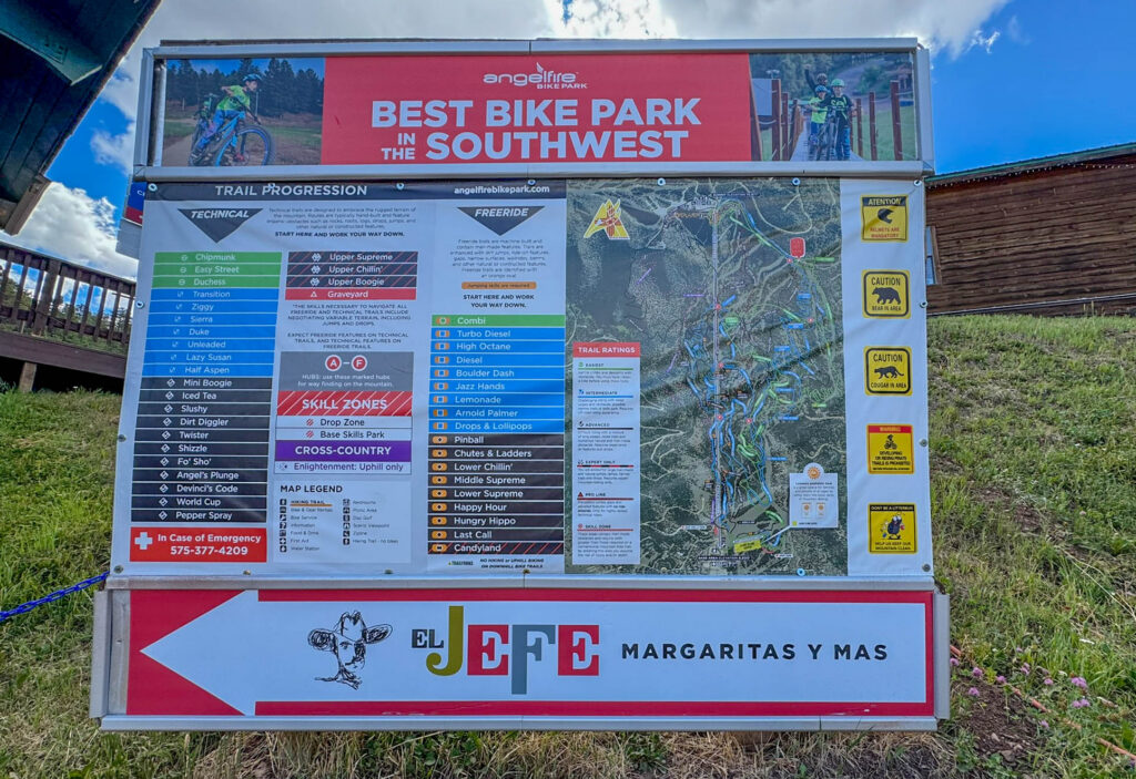 The trail map at Angel Fire Bike Park, which offers terrain ranging from beginner trails to expert and pro-level runs.