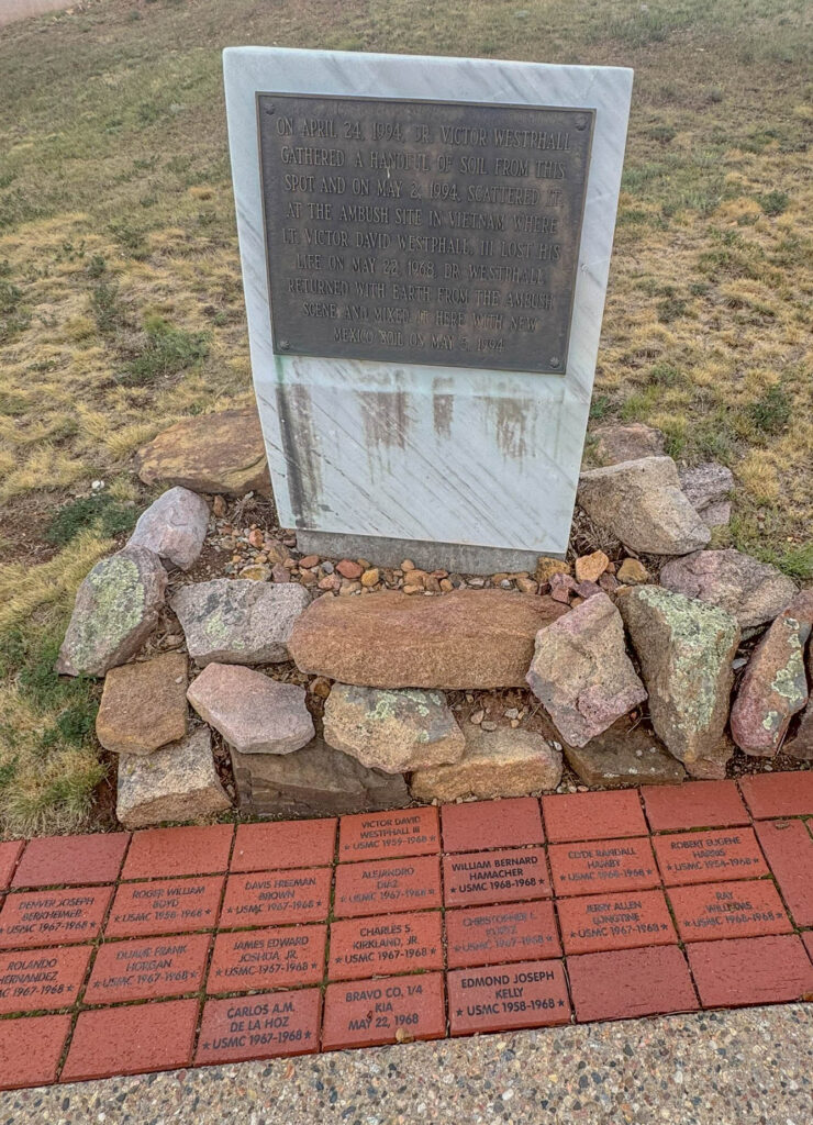 In 1994, Victor Westphall carried soil from the memorial to the site in Vietnam where David was killed, then brought soil from the ambush site back to New Mexico and mixed it with the soil here.