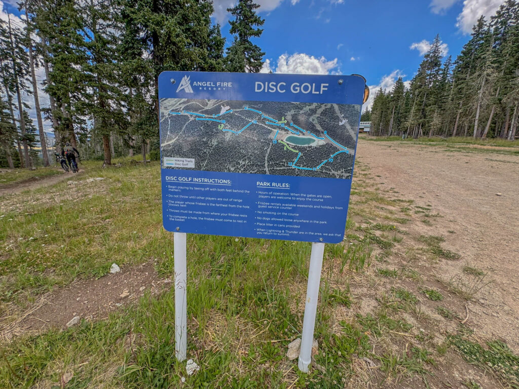 The disc golf course at the summit of Angel Fire Resort winds through the mountain terrain.