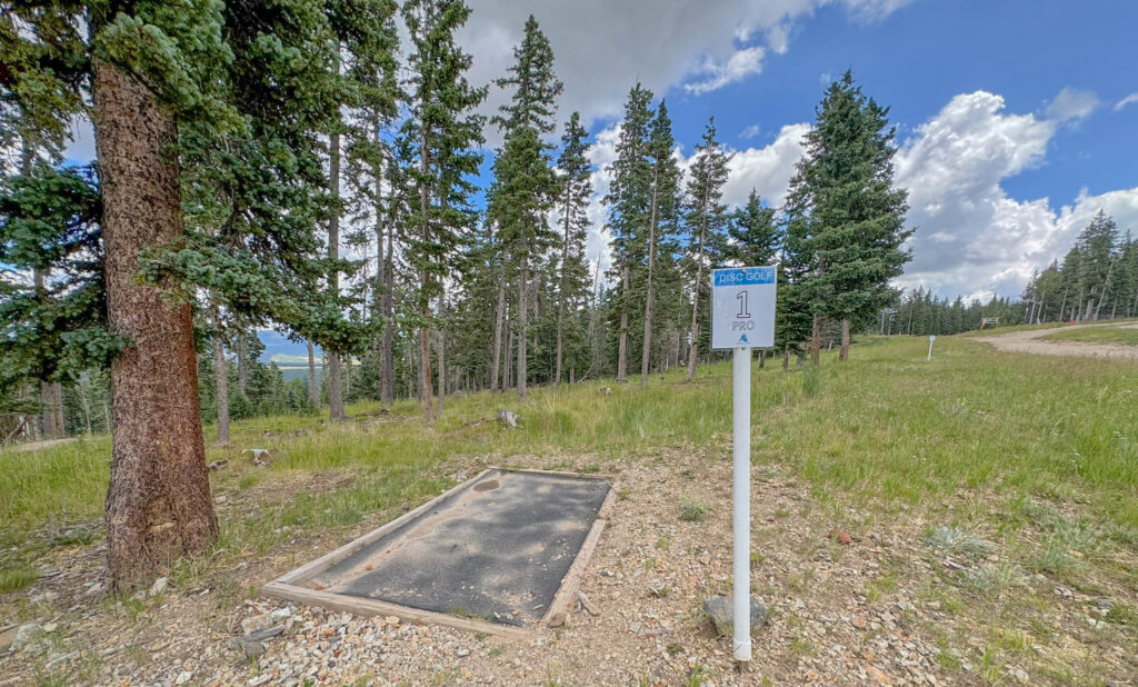 The pro tee for Hole 1 of Angel Fire Resort’s disc golf course.