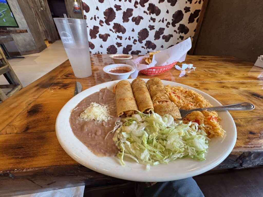 My “naked” chicken enchiladas at La Finca de Villa, before I realized I could just add the spicy salsa on top.