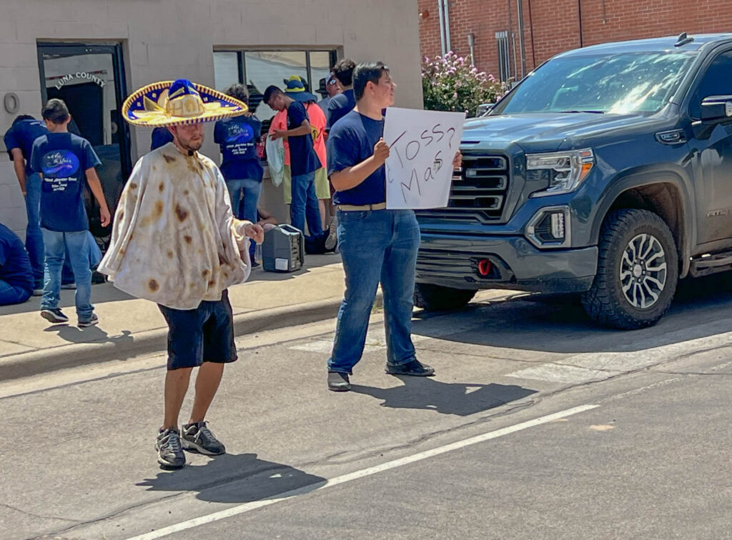 When you organize a tortilla toss, apparently someone has to dress as a tortilla. This guy was all in, dancing around in his tortilla costume before the competition.