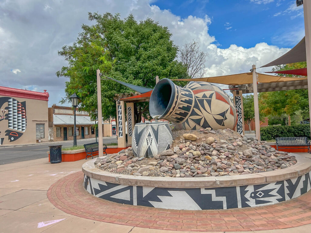 An oversized Mimbres-inspired pottery fountain serves as the centerpiece of Leyendecker Plaza, a downtown gathering space named for longtime Deming banker and community leader Claude Leyendecker.