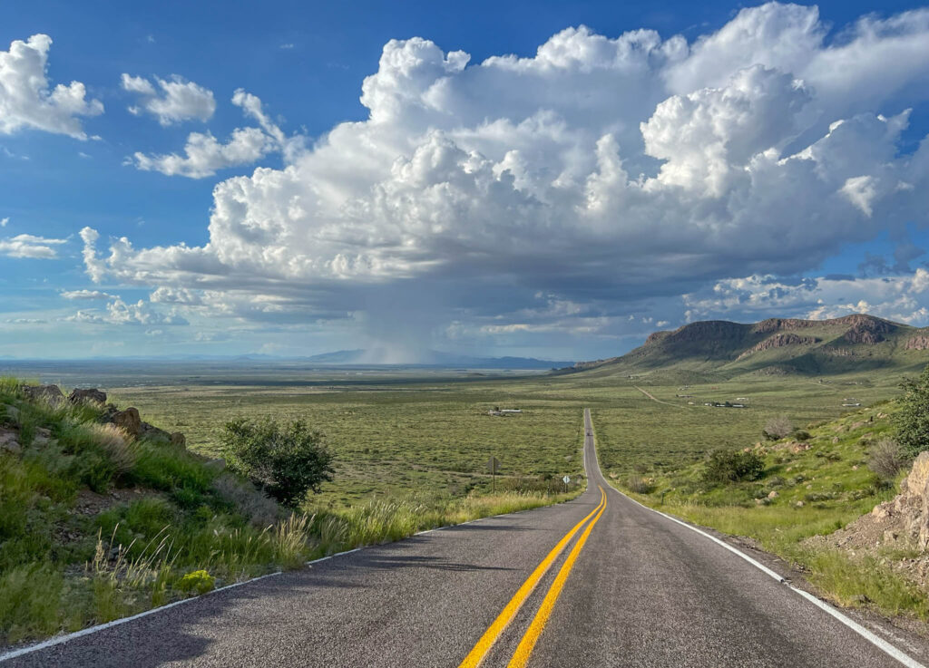 Looking back down the road from Rockhound State Park toward the desert below.